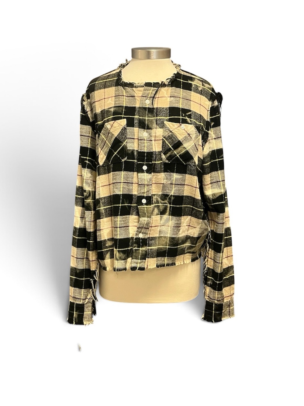 R13 Distressed Plaid Jean Jacket in Black and Cream